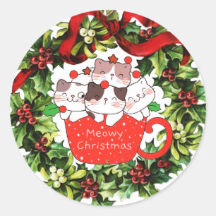 Redonda Navidades Meowy gatos en una copa Pegatina de cora