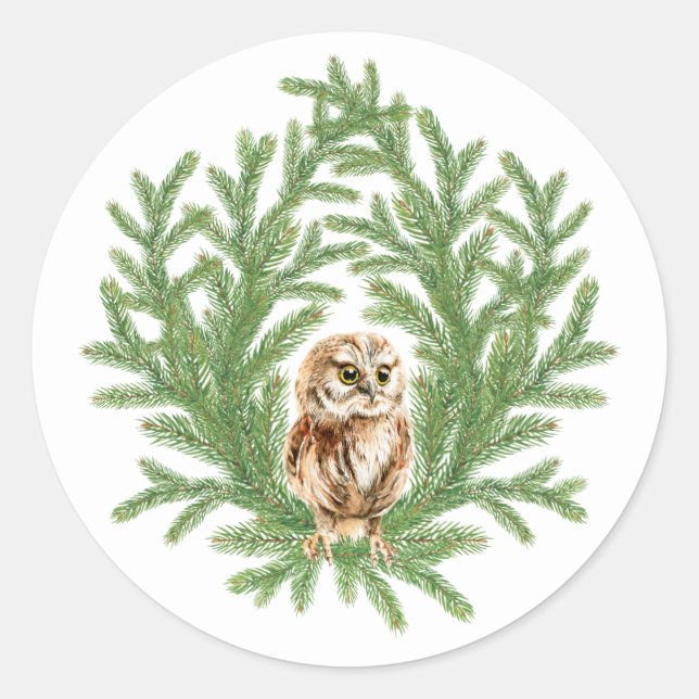 Redonda Navidades Owl Pegatina (Anverso)