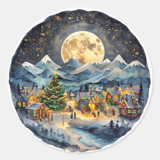 Redonda Navidades Pegatina de pueblo, Pegatina de la escen (Anverso)