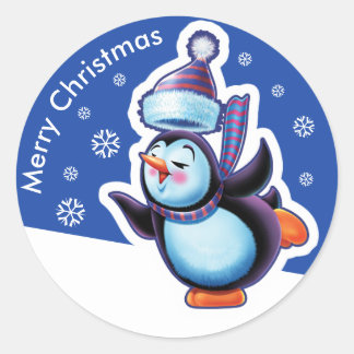 Redonda Navidades pegatina redondo azul Pingüino patinando