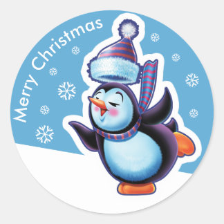 Redonda Navidades pegatina redondo azul Pingüino patinando