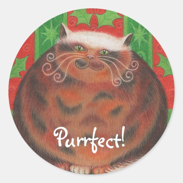 Redonda Navidades Pud 'Purrfect!' pegatina redondo (Anverso)