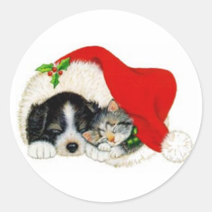 Redonda Navidades Puppy & Kitten Pegatina