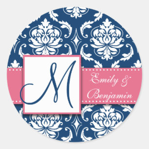 Redonda Navy Blue Damask Wedding Favor Pegatina Rosa