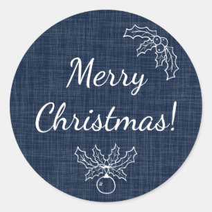 Redonda Navy Blue Merry Christmas Burlap Look Pegatina