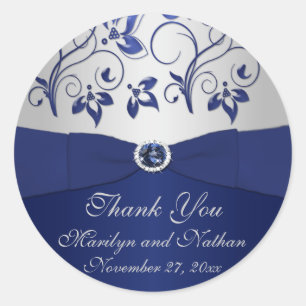 Redonda Navy y Silver Floral 1.5" Gracias Pegatina