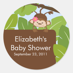 Redonda Niña Monkey Jungle Safari Pegatina de Baby Shower