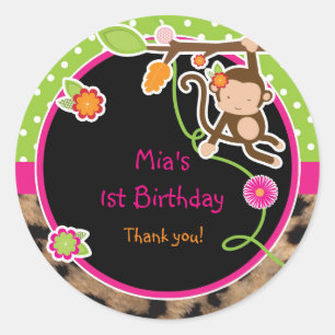 Redonda Niña Mono Safari Selva Favor Pegatina Brillante
