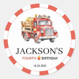 Redonda Niño pegatina de cumpleaños de bomberos de camione