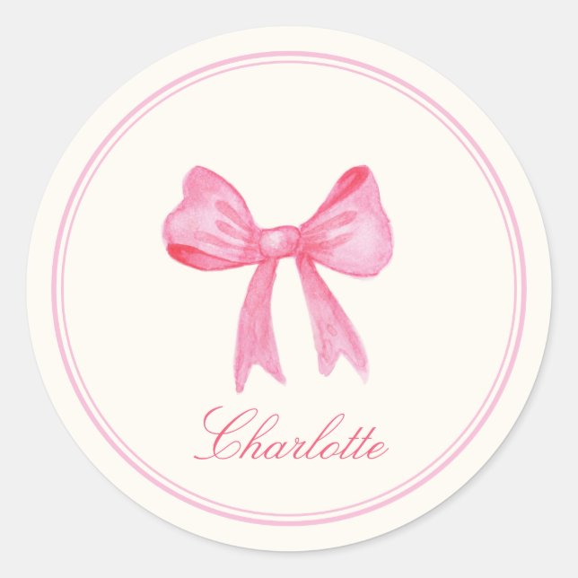 Redonda Nombre personalizado Coquette Pink Bow Pegatina (Anverso)