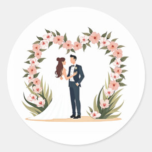 Redonda Novia y Groom Under Flower Arch Boda Pegatina