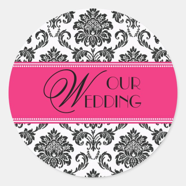 Redonda Nuestro Boda Fuchsia Naranja Damask Pegatina (Anverso)