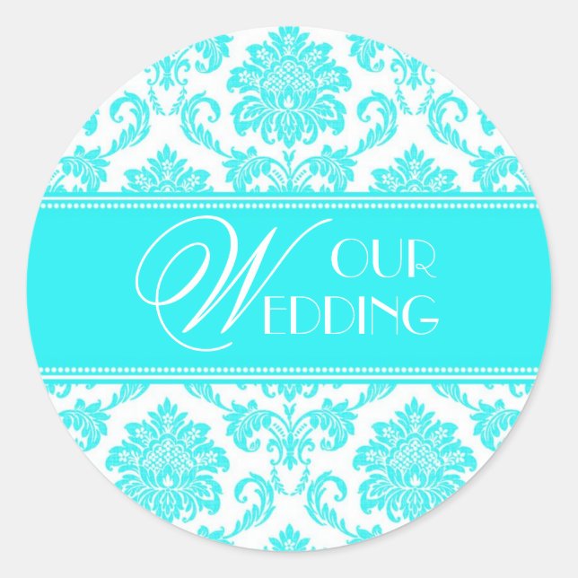 Redonda Nuestro Boda Turquoise Damask Pegatina (Anverso)