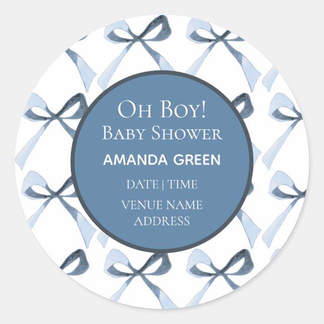 Redonda Oh Boy Blue Bows Coquette Baby Shower Pegatina (Anverso)