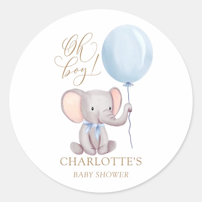 Redonda Oh Boy Blue Elephant Balloon Pegatina de Baby Show (Anverso)