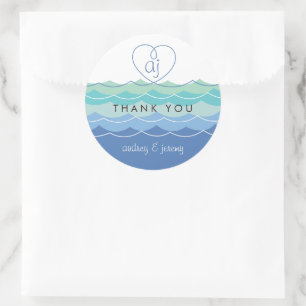 Redonda Olas azules Loopy Heart Gracias Boda Pegatina