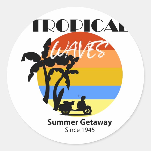 Redonda Olas tropicales Pegatina Getaway Beach (Anverso)