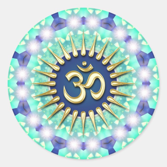 Redonda Om Om Azul Verde Mandala Meditación Pegatina de Yo (Anverso)