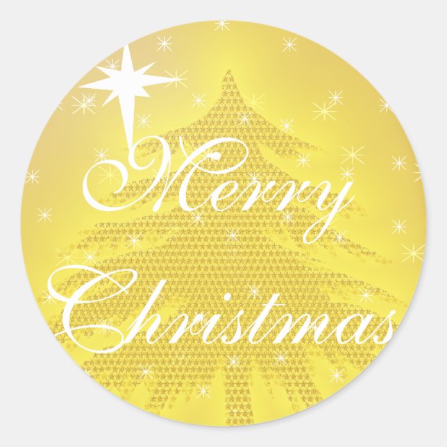 Redonda Oro Pegatina Árbol de Navidad con estrellas (Anverso)