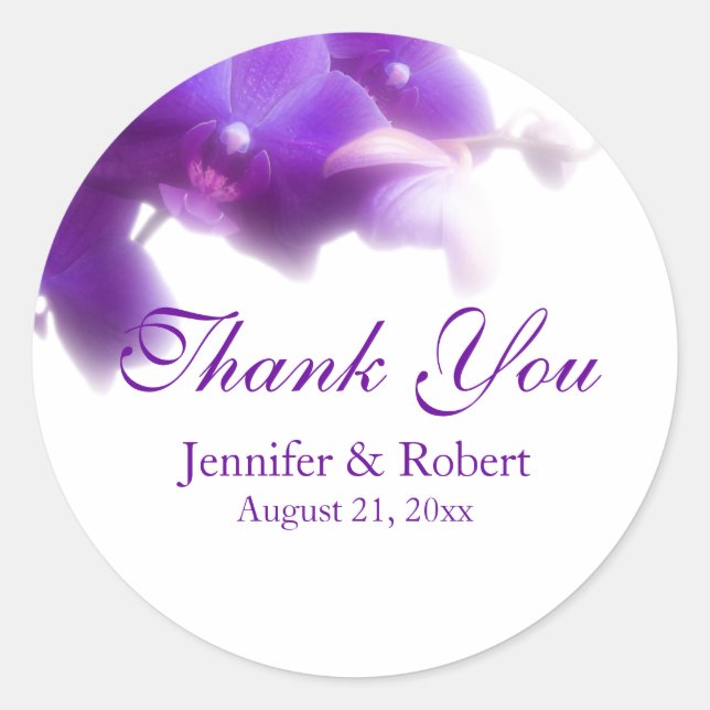 Redonda Orquídea Púrpura Gracias Pegatina (Anverso)