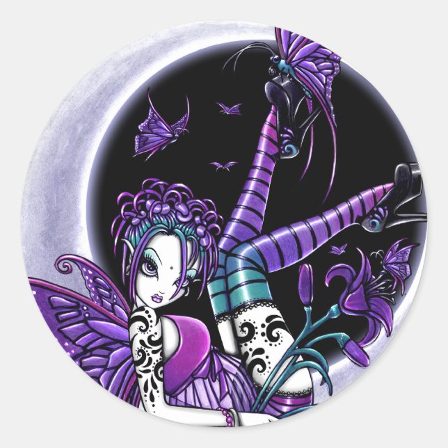 Redonda "Paige" Mariposa Arcoiris Moon Pegatina de hadas (Anverso)