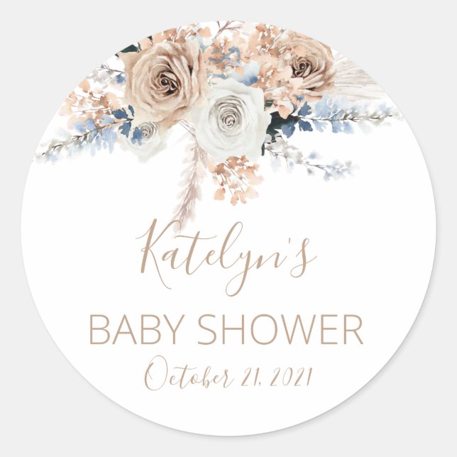 Redonda Pampas Grass Boho Baby Shower Favor Pegatina (Anverso)