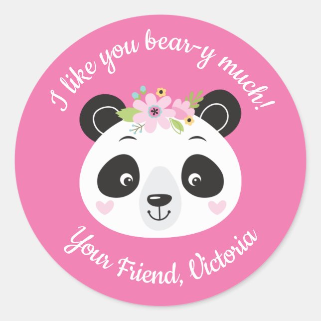 Redonda Panda Face Cute Kids Día de San Valentín Pegatina (Anverso)