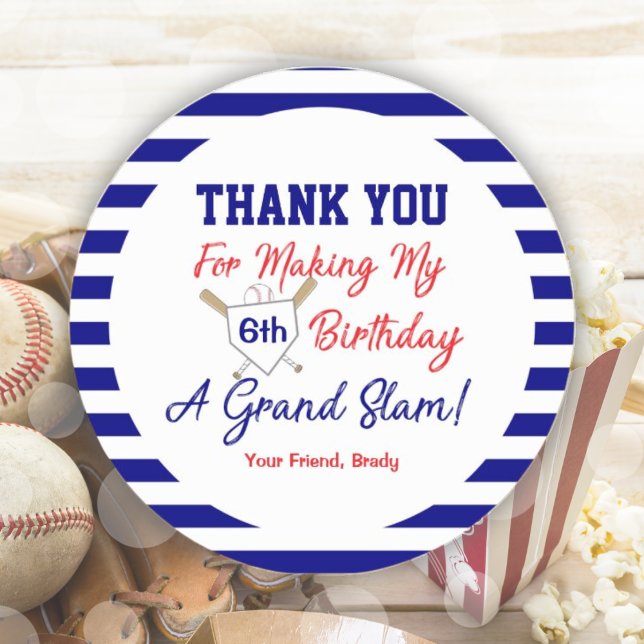 Redonda Partido de Cumpleaños del Béisbol, Pegatina de Ron (Baseball Birthday Party Blue and Red Round Sticker)