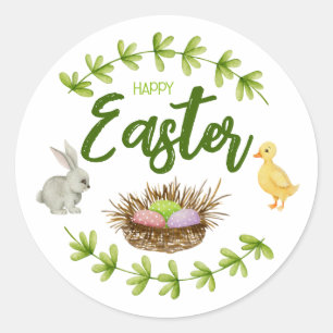 Redonda Pascua feliz, conejito, pato, huevos en Pegatina d