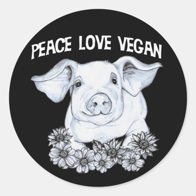 Redonda Peace Love Vegan Pig Pegatina (Anverso)