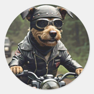 Redonda Pegatina Adorable De Viaje En Motocicleta De Perro