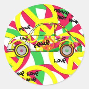 Redonda Pegatina Amor Paz Retro Retro 60's 70's Coche