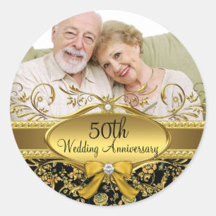 Redonda Pegatina Aniversario 50 Gold & Black Rose Photo