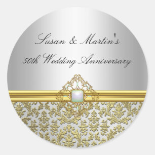 Redonda Pegatina Aniversario de Bodas de Oro 50 Damask Gol