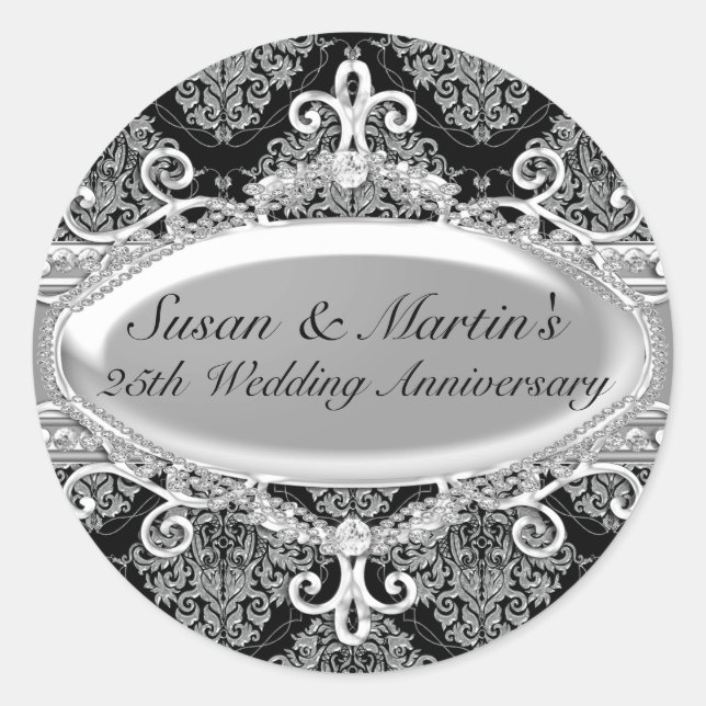 Redonda Pegatina Aniversario de Bodas de Plata de Damasco  (Anverso)