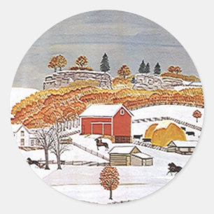 Redonda Pegatina Antique Folkart Rural Granja Rojo Inverna