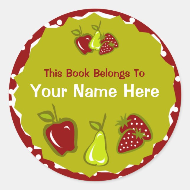 Redonda Pegatina Apple Pear Strawberry Bookplate (Anverso)
