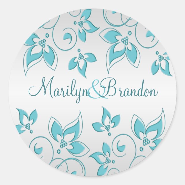 Redonda Pegatina Aqua y Silver Floral de 1,5" (Anverso)