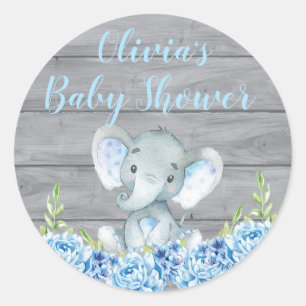 Redonda Pegatina azul de Baby Shower del elefante