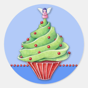 Redonda Pegatina azul de pastel de árbol de Navidad2