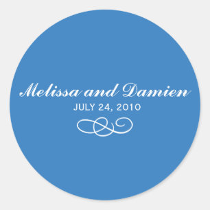 Redonda Pegatina azul - Novia y Groom con fecha