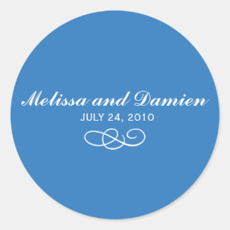 Redonda Pegatina azul - Novia y Groom con fecha