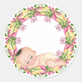 Redonda Pegatina Baby Shower amarillo y rosa