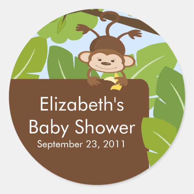 Redonda Pegatina Baby Shower Baby Monkey Jungle Safari (Anverso)