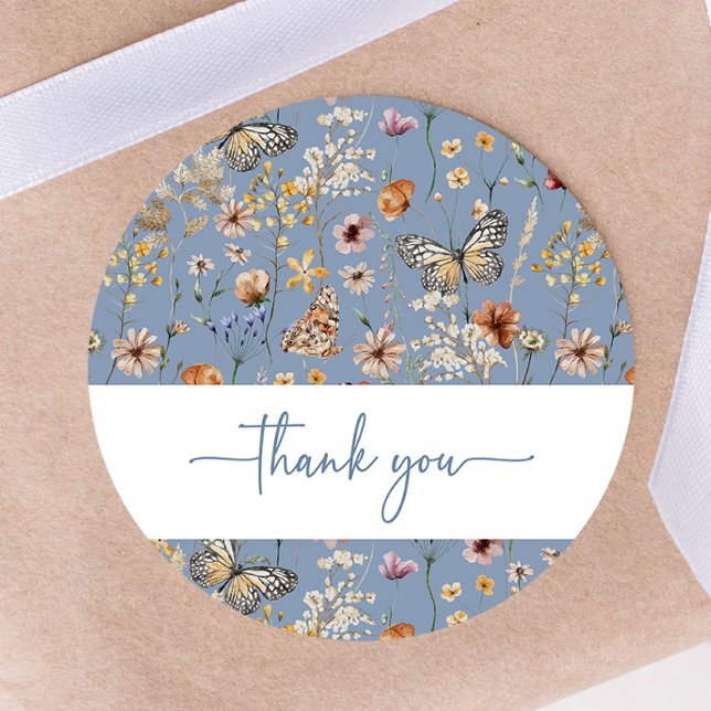 Redonda Pegatina Baby Shower Blue Boho Wildflower (Blue Boho Wildflower Baby Shower Sticker by Painted Paperie
)