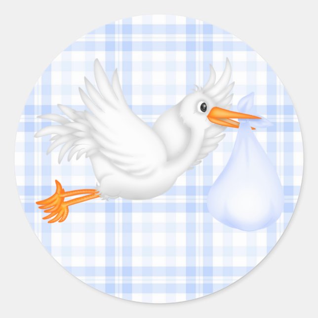 Redonda Pegatina Baby Shower Blue Gingham Blue Stork (Anverso)