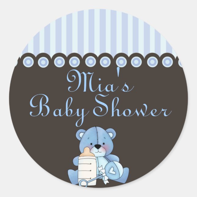 Redonda Pegatina Baby Shower Blue Teddy Bear (Anverso)