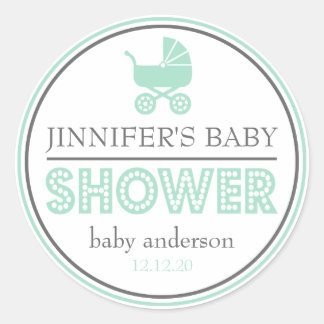 Redonda Pegatina Baby Shower Buggy Favor (Verde / Gris)