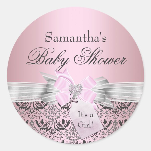 Redonda Pegatina Baby Shower Damask & Tiara Princess (Anverso)