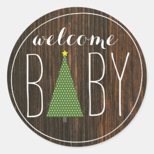 Redonda Pegatina Baby Shower de Árbol de Navidad - Madera
